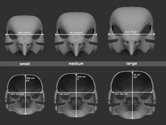 Size chart for a pigeon mask or fursuit base with measurements labeled for small, medium, and large sizes on a dark background.
