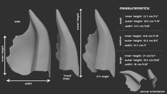 Size chart for swift beaked wyvern or dragon ear accessory for cosplay, a mask or fursuit featuring light grey 3D renderings with measurements labeled for small, medium, and large sizes on a dark grey background.