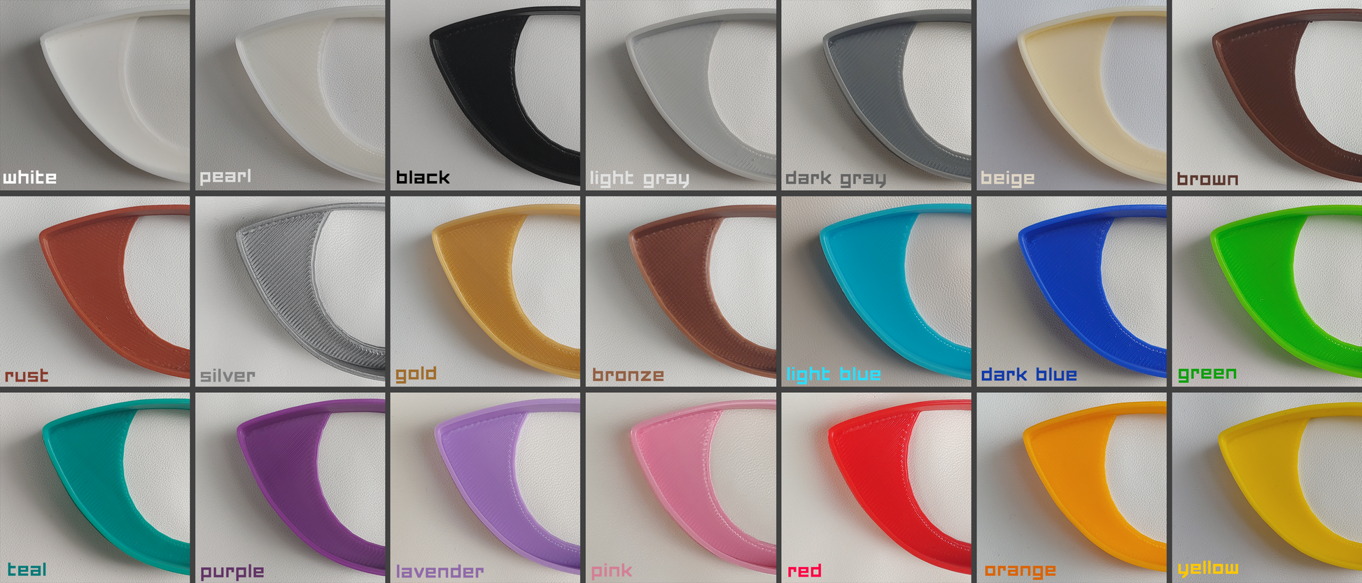 Color chart showing 3D printed fursuit or costume eyes in a variety of different colors on white background.