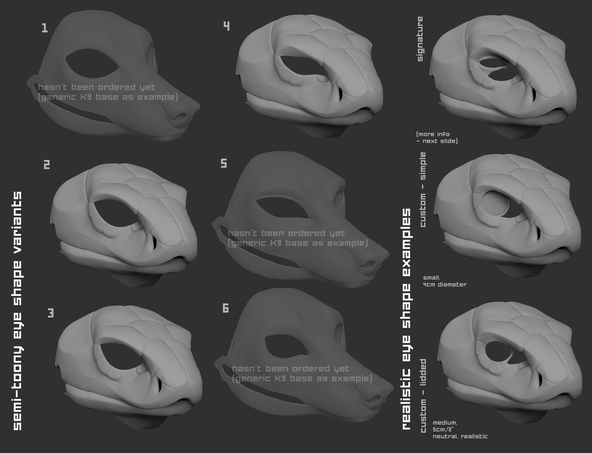 Various eye shape variants for a cobra snake mask or fursuit base on a dark background.