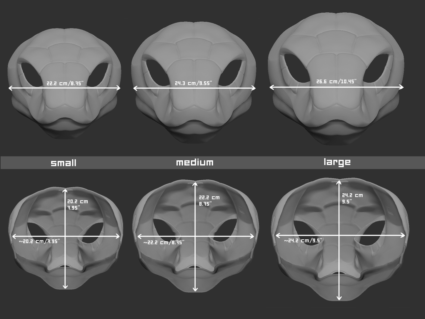 Size chart for a cobra snake mask or fursuit base with measurements labeled for small, medium, and large sizes on a dark background.