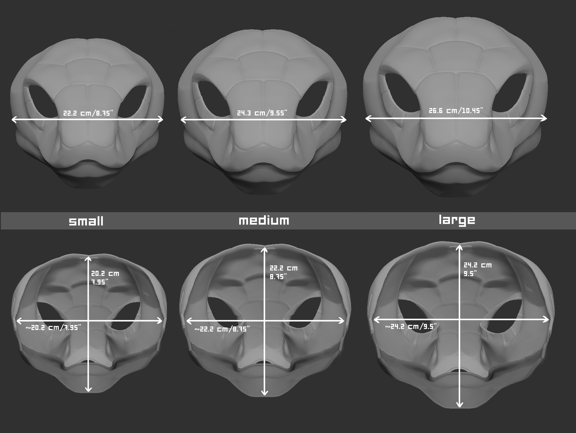 Size chart for a cobra snake mask or fursuit base with measurements labeled for small, medium, and large sizes on a dark background.