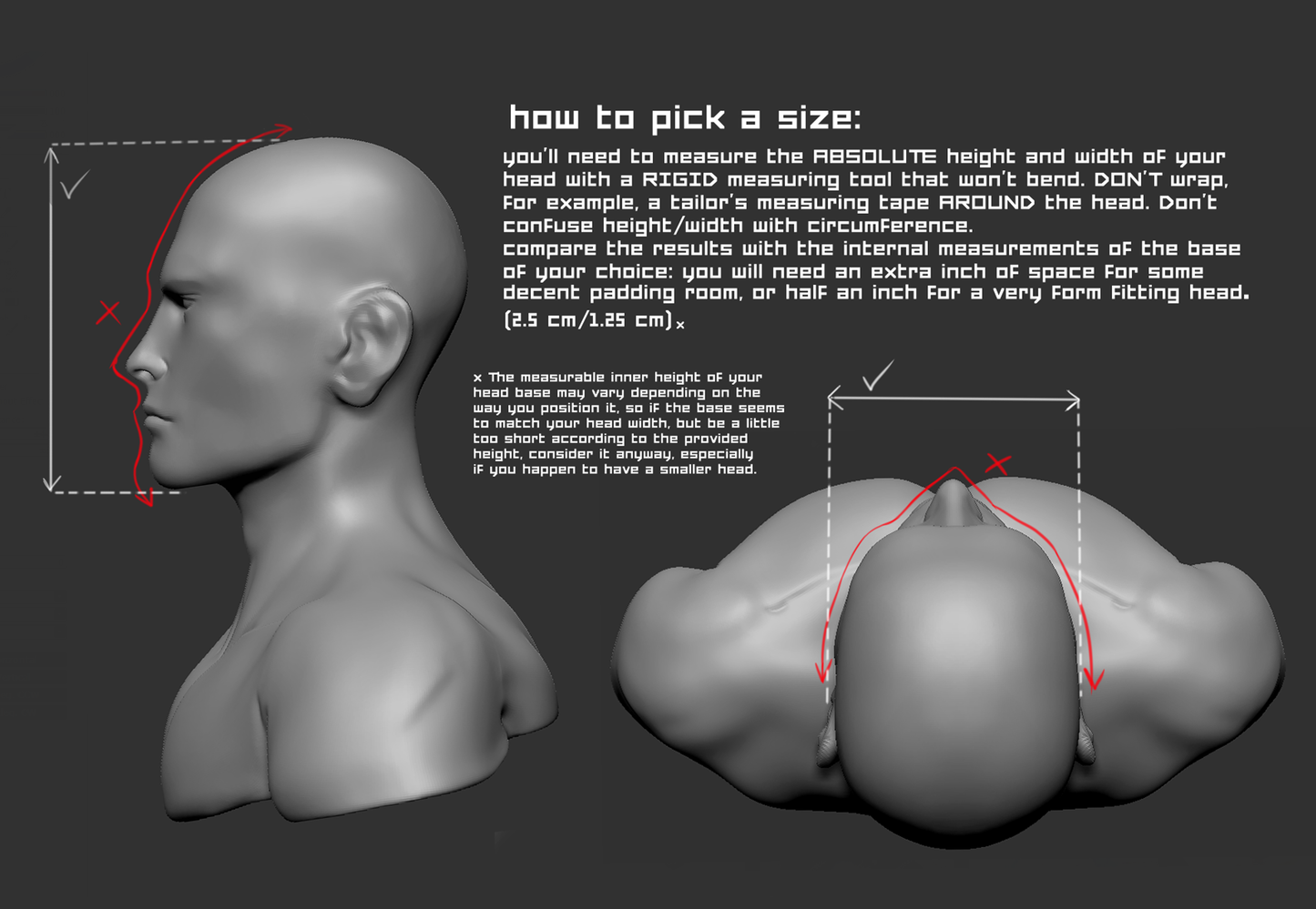 Instructions on how to measure one's head to properly pick a mask shown on a mannequin on a dark background