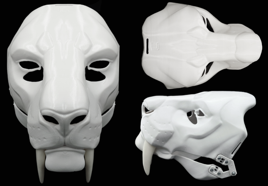 Photo collage showing a white, plastic 3D printed smilodon fursuit head base complete with metal hardware featuring a front, side, and top view against a black background.