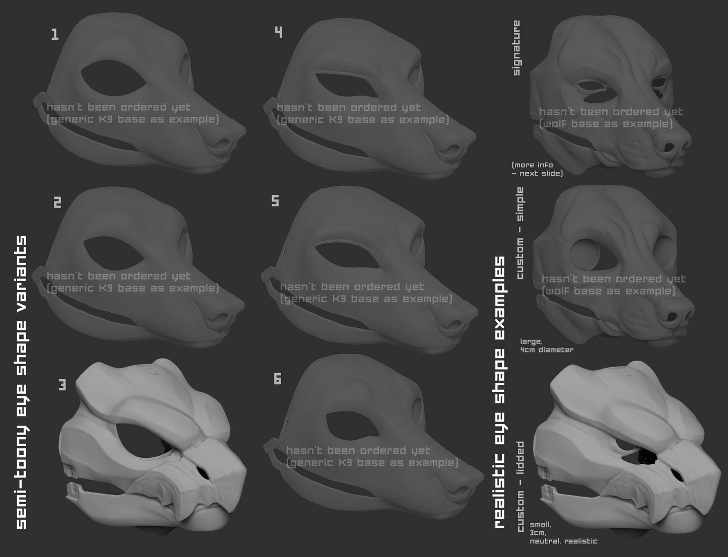 Light grey 3D renderings showcasing the various eye shape variants for a swift beaked wyvern or dragon cosplay mask or fursuit base on a dark grey background.