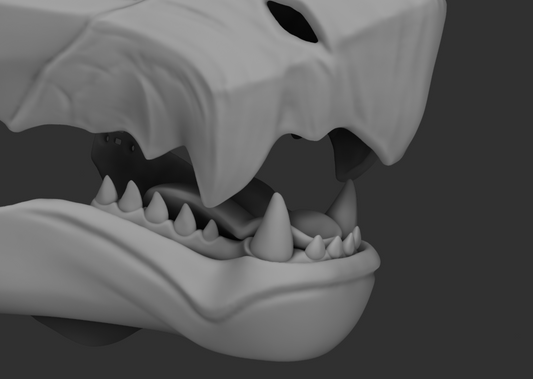 A 3D rendering of a swift beaked wyvern or dragon fursuit jawset with detailed teeth in a light grey color, showcasing fit in a fursuit base and shown against a dark grey background.