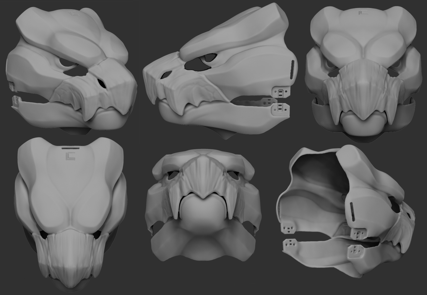 A collection of 3D rendered, light grey images showing different angles of a swift beaked wyvern or dragon head base designed for fursuits and cosplays, displaying the front, side, and back views against a dark grey background.