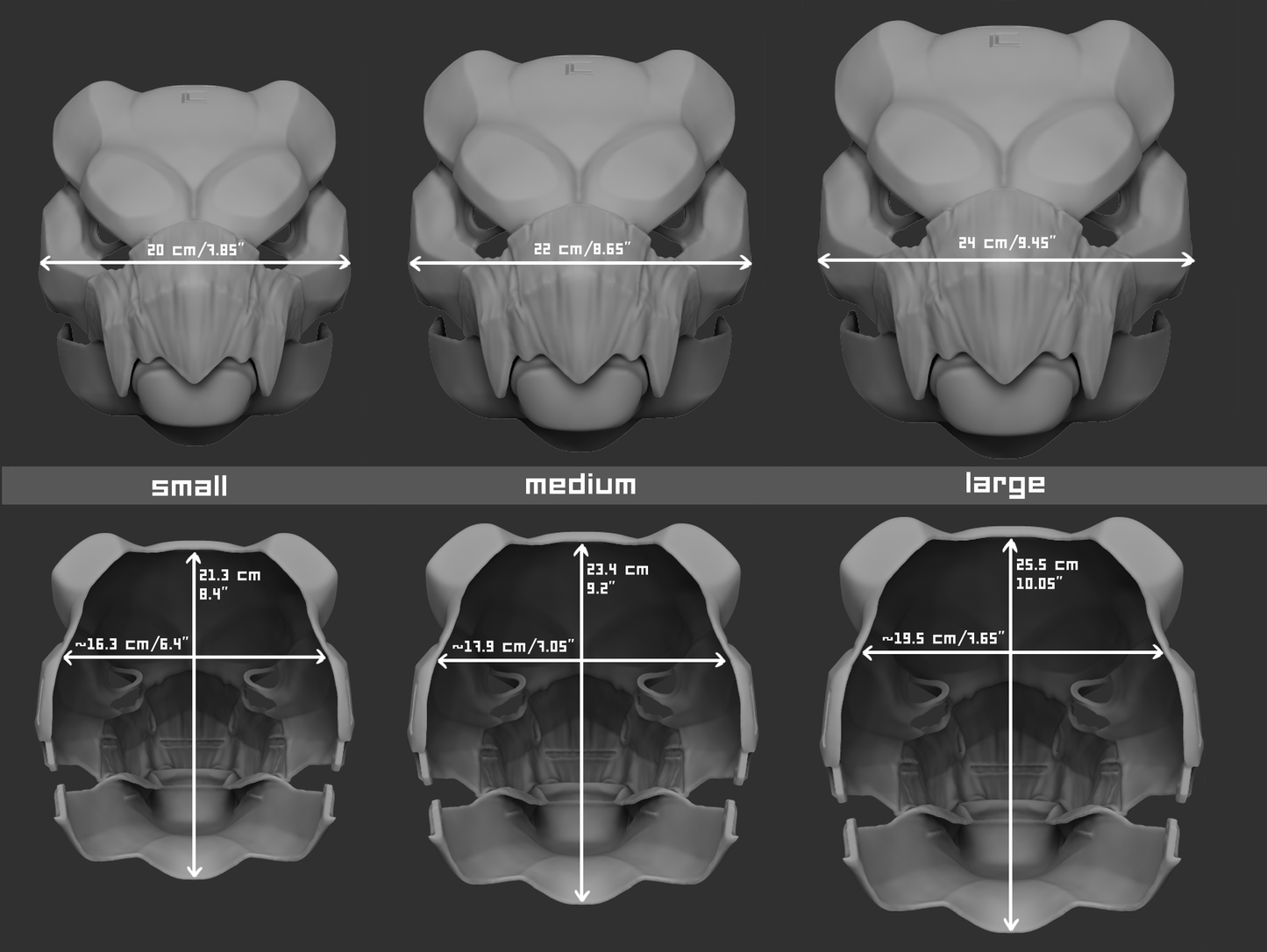 Size chart for a swift beaked wyvern or dragon cosplay mask or fursuit base featuring three 3D light grey renderings with measurements labeled for small, medium, and large sizes on a dark grey background.