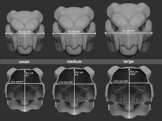Size chart for a swift beaked wyvern or dragon cosplay mask or fursuit base featuring three 3D light grey renderings with measurements labeled for small, medium, and large sizes on a dark grey background.
