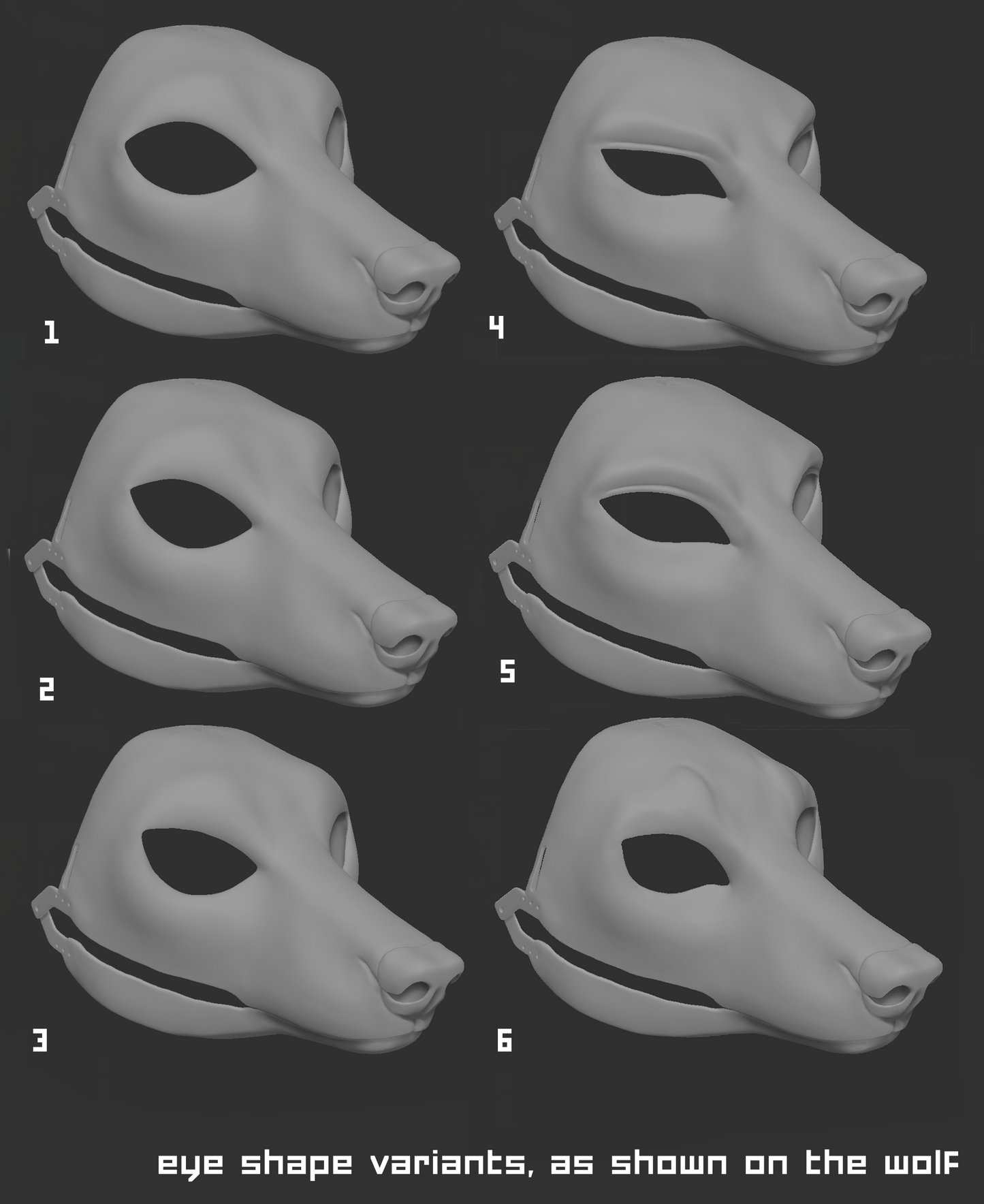 Various eye shape variants for a mask/fursuit base shown on a canine 3D model on a dark background.