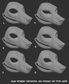 Various eye shape variants for a mask/fursuit base shown on a canine 3D model on a dark background.